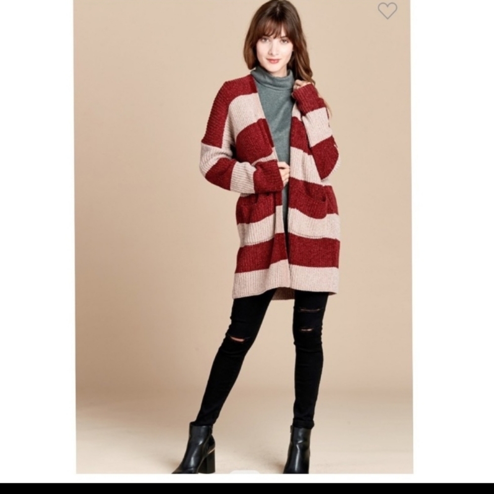 ODDY Taupe/Burgundy Stripe Cardigan Sweater - Picture 1 of 11